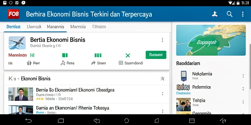 Antarmuka aplikasi FO8 dengan berita ekonomi terbaru.