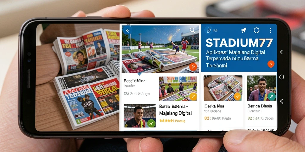 Tampilan antarmuka aplikasi Majalah Digital STADIUM77 yang menarik dan informatif.